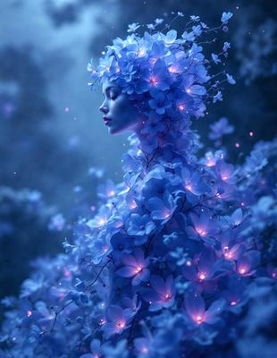 The primary subject of the image is a woman with a blue flower crown on her head. She is surrounded by a forest of blue flowers, creating a serene and magical atmosphere. The setting is a forest, with the woman standing in the middle of the scene. The visual style of the image is digital art, as it appears to be a painting or drawing with a digital touch. The dominant colors in the image are blue and purple, giving the scene a calming and enchanting mood.